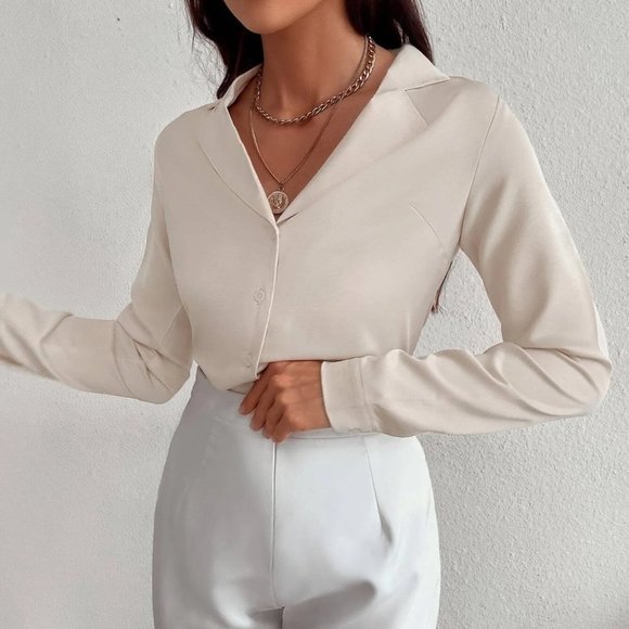 Beige Preppy Womens Solid Button Front Blouse - Picture 4 of 5